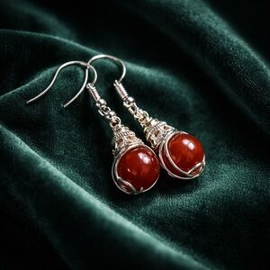 Handmade Red Stone Wire Wrap Earrings – Artisan Dangle Jewelry